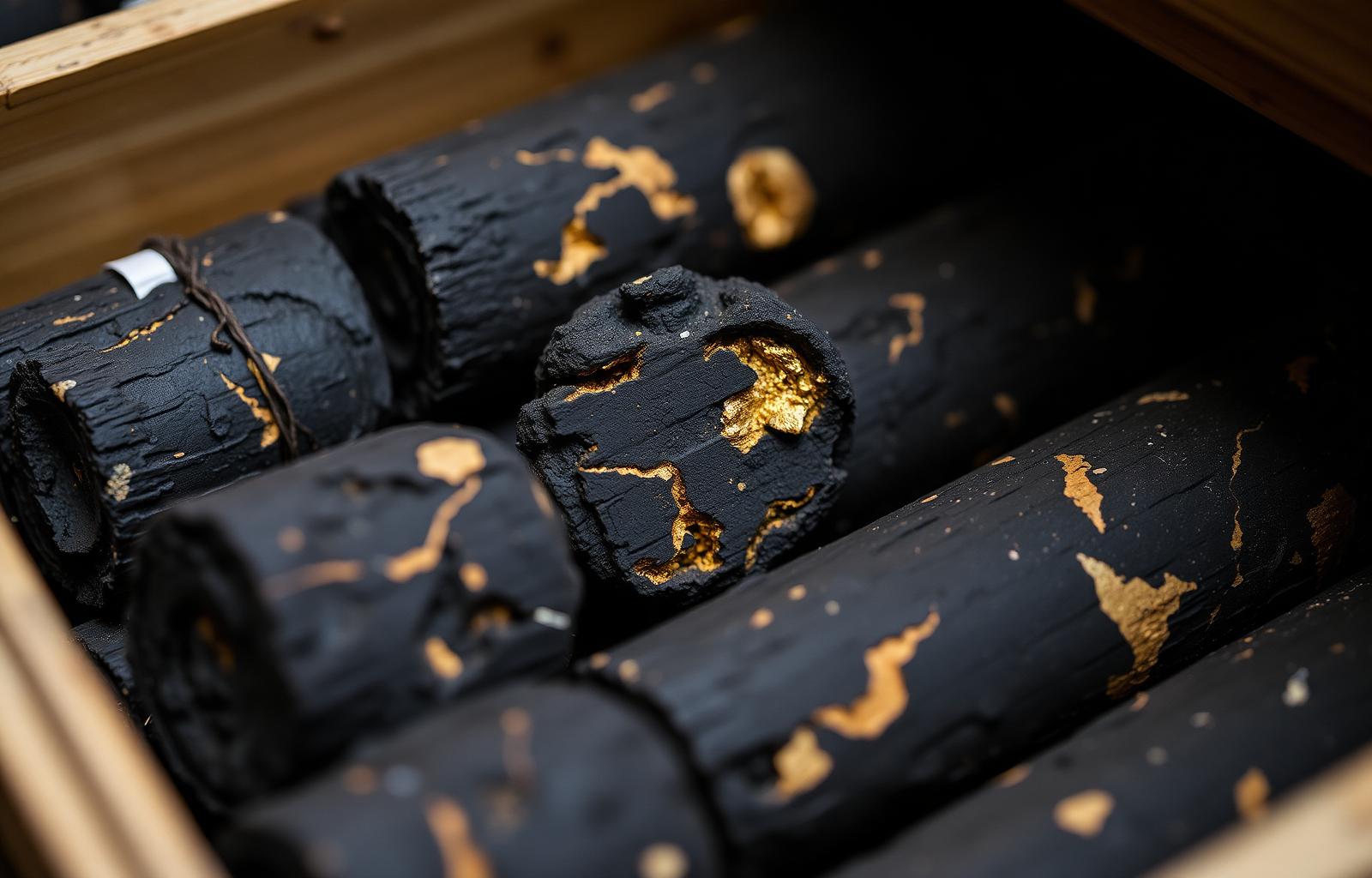 Macro photograph of mineralized drill core samples with gold veining