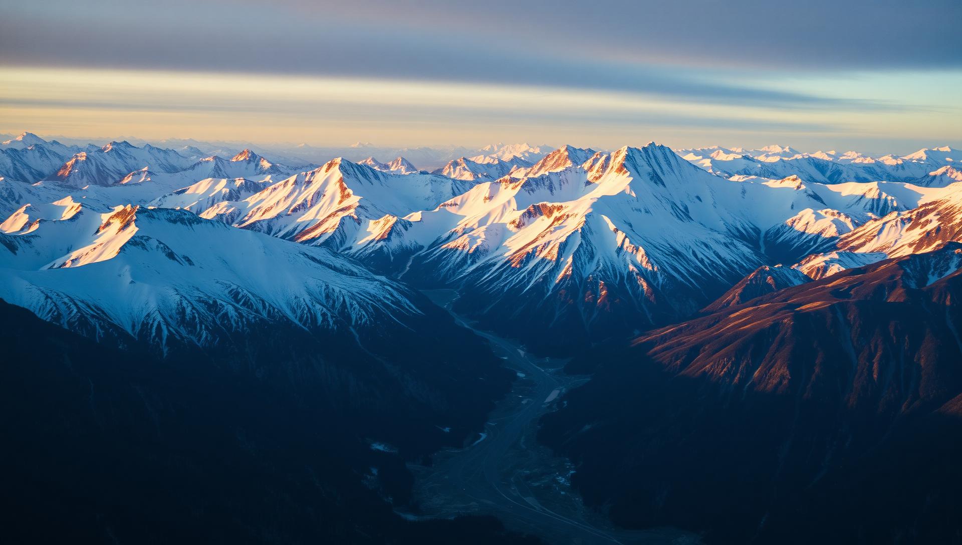 Aerial view of snow-capped mountain ranges in northwestern British Columbia at golden hour